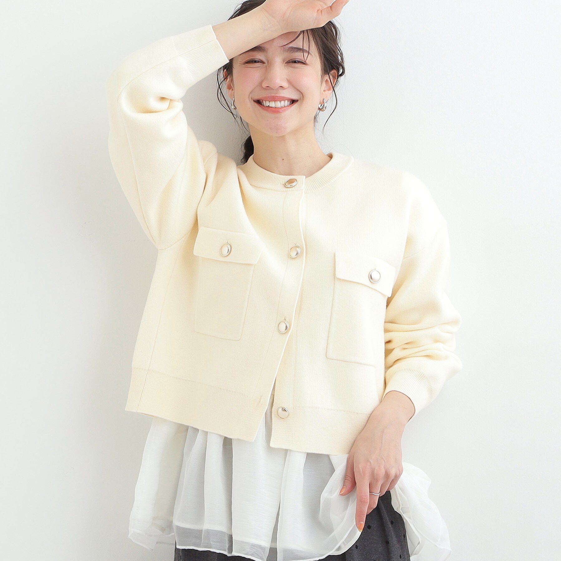 SHOO･LA･RUE「【洗濯機可/S-LL】1枚でも羽織りでも 華やか上品カーデ」|カーディガン|アイボリー(004)