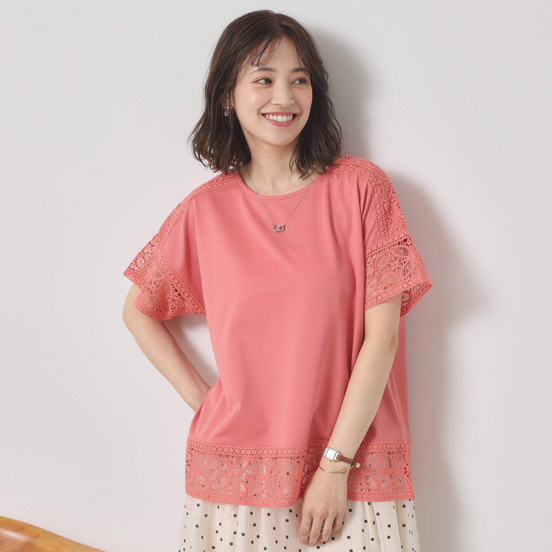 ITS&rsquo;DEMO「【吸水速乾／手洗い可／洗濯後しわになりにくい】カットミラノレーストップス」|Tシャツ・カットソー|ピンク(071)