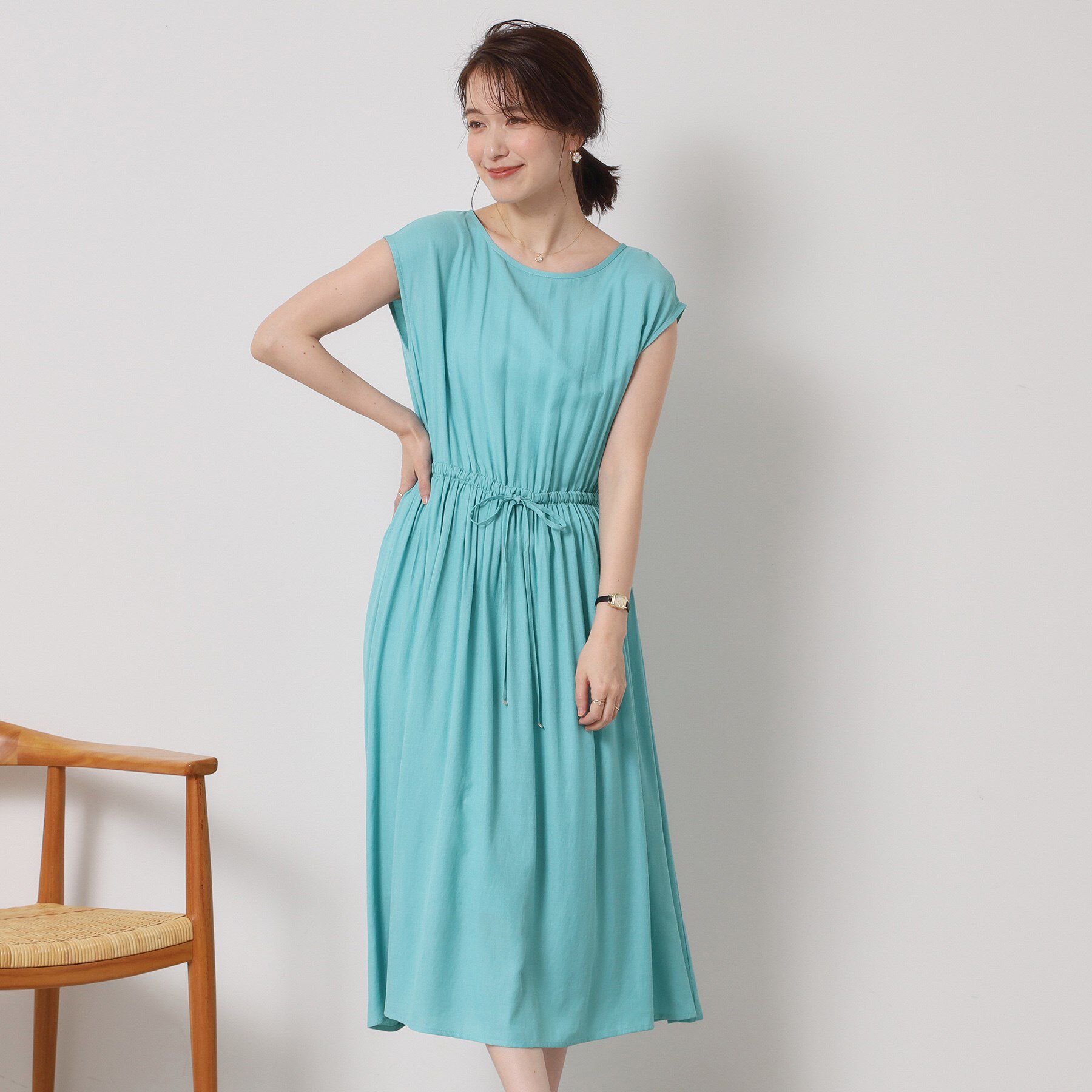 ITS&rsquo;DEMO「【さらりタッチ／手洗い可】強撚スラブブラウジングワンピース」|ワンピース|ブルーグリーン(09