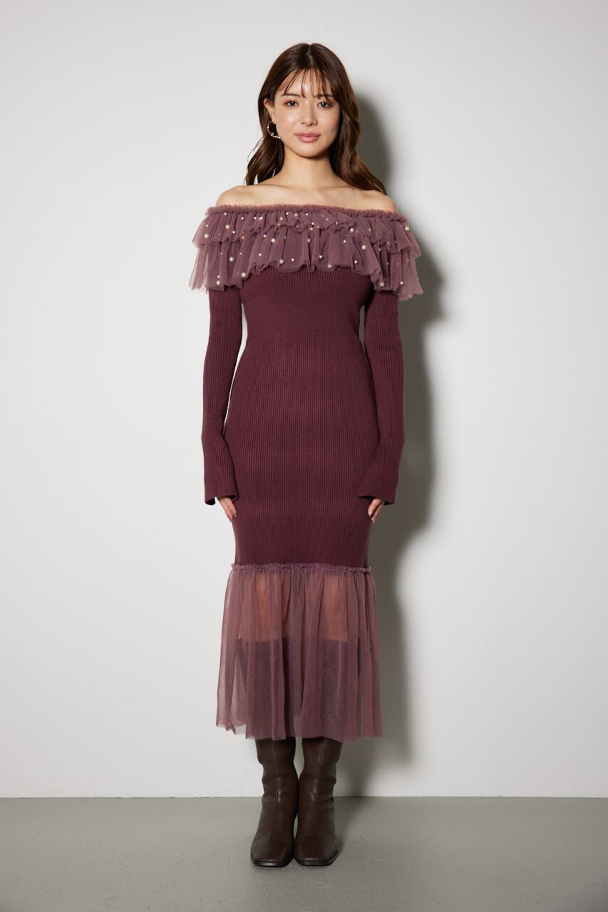 rienda「チュールコンビオフショルニットワンピース」|ワンピース|