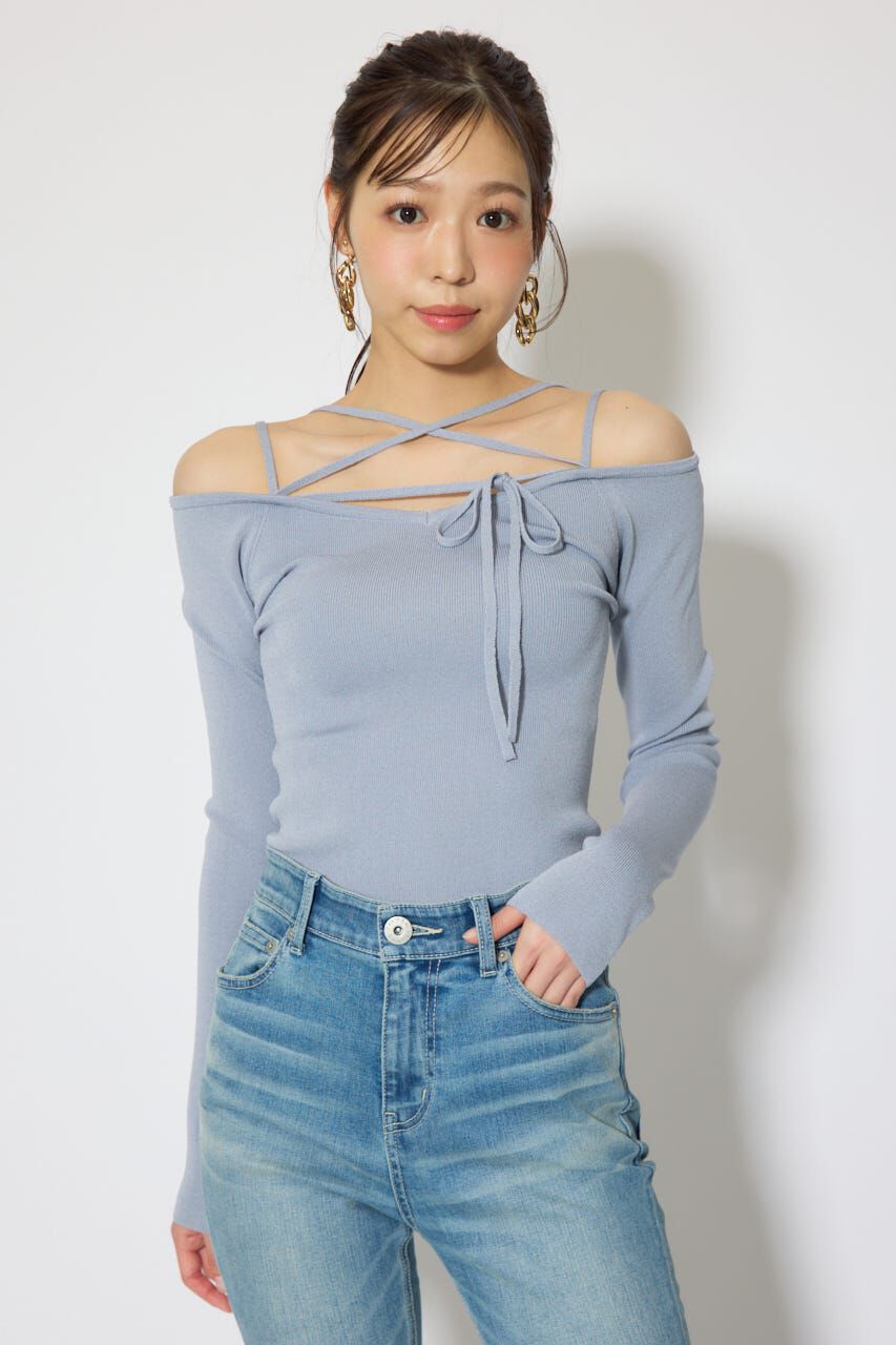 rienda「ストリングタイトニットトップス」|ニット・セーター|L/BLU1