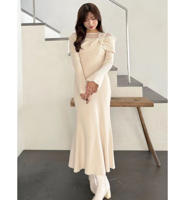 MERCURYDUO「レース切替オフショルニットワンピース」|ワンピース|