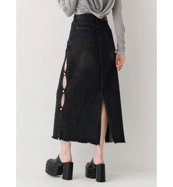 EVRIS「サイドビジューカットロングデニムスカート」|スカート|ブラック