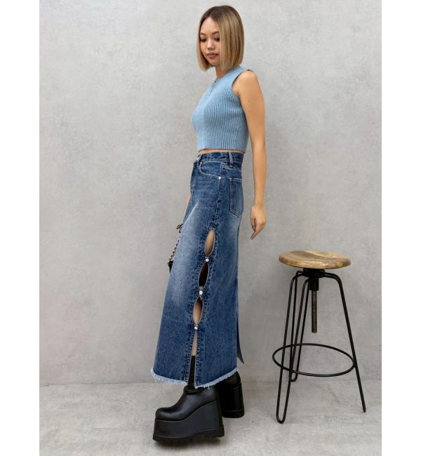 EVRIS「サイドビジューカットロングデニムスカート」|スカート|