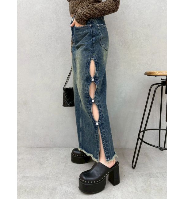 EVRIS「サイドビジューカットロングデニムスカート」|スカート|