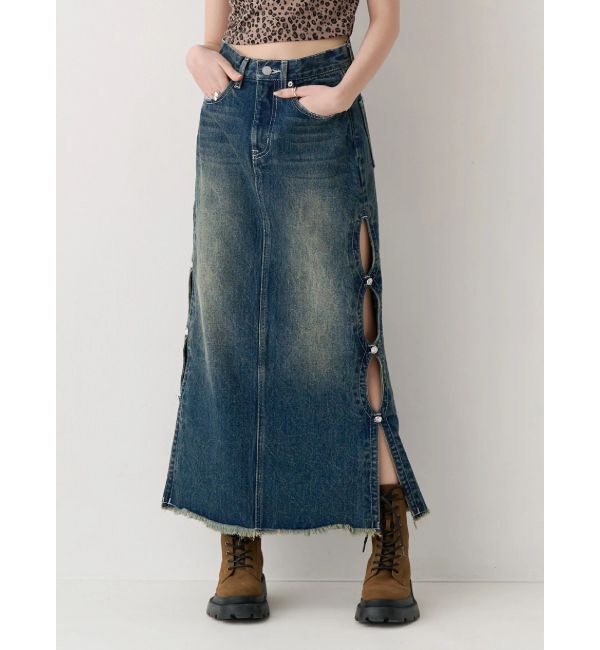 EVRIS「サイドビジューカットロングデニムスカート」|スカート|インディゴ