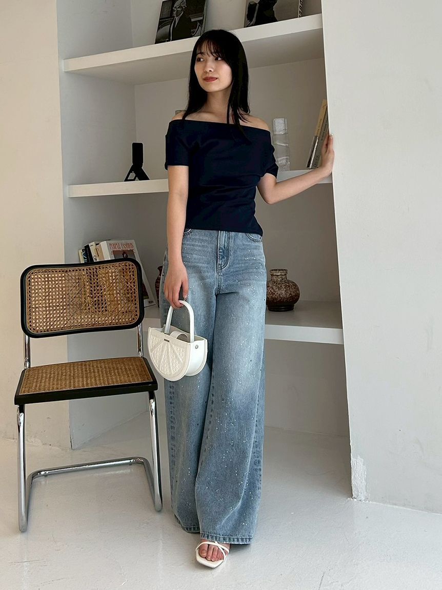 FRAY I.D「ラインストーンセミワイドストレートデニムパンツ」|デニム|