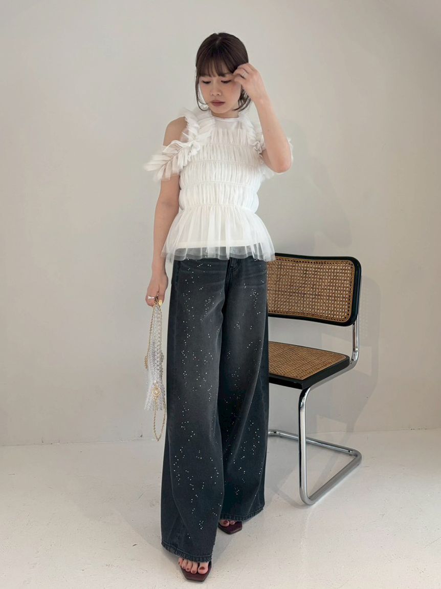 FRAY I.D「ラインストーンセミワイドストレートデニムパンツ」|デニム|