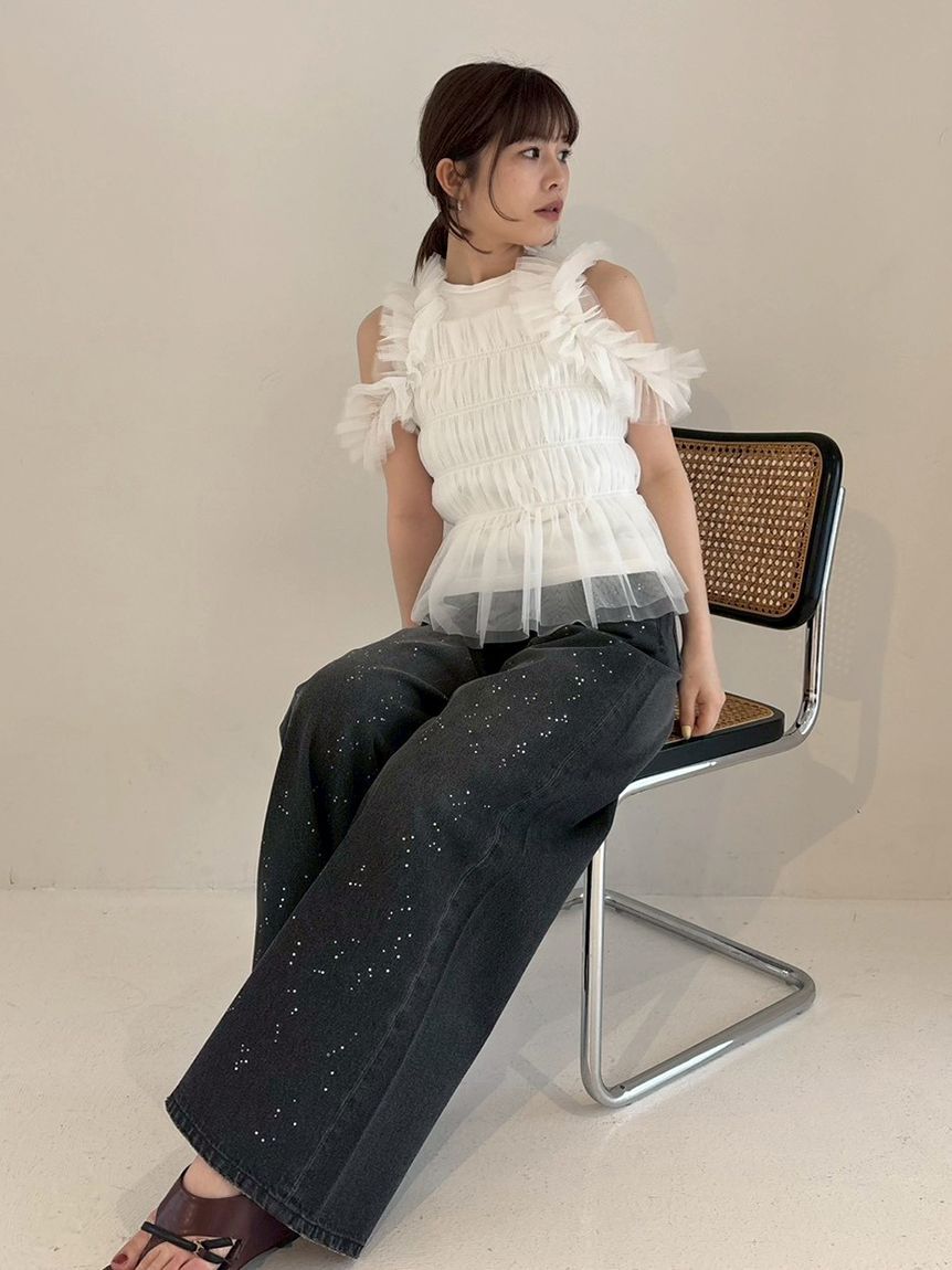 FRAY I.D「ラインストーンセミワイドストレートデニムパンツ」|デニム|