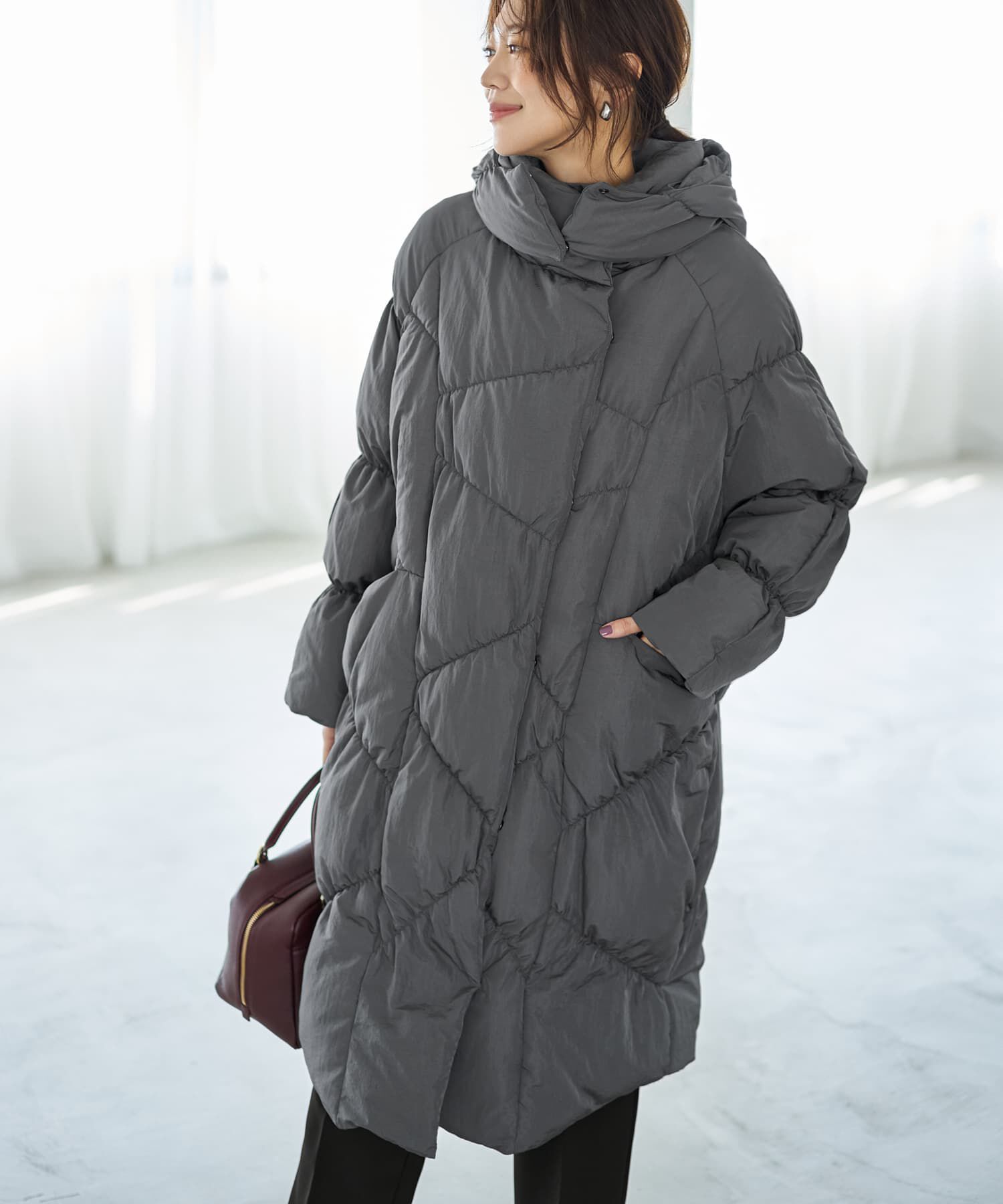 STYLE DELI「【LUXE】暖か軽量◆機能中綿ギャザーロングコート」|ダウン|グレー