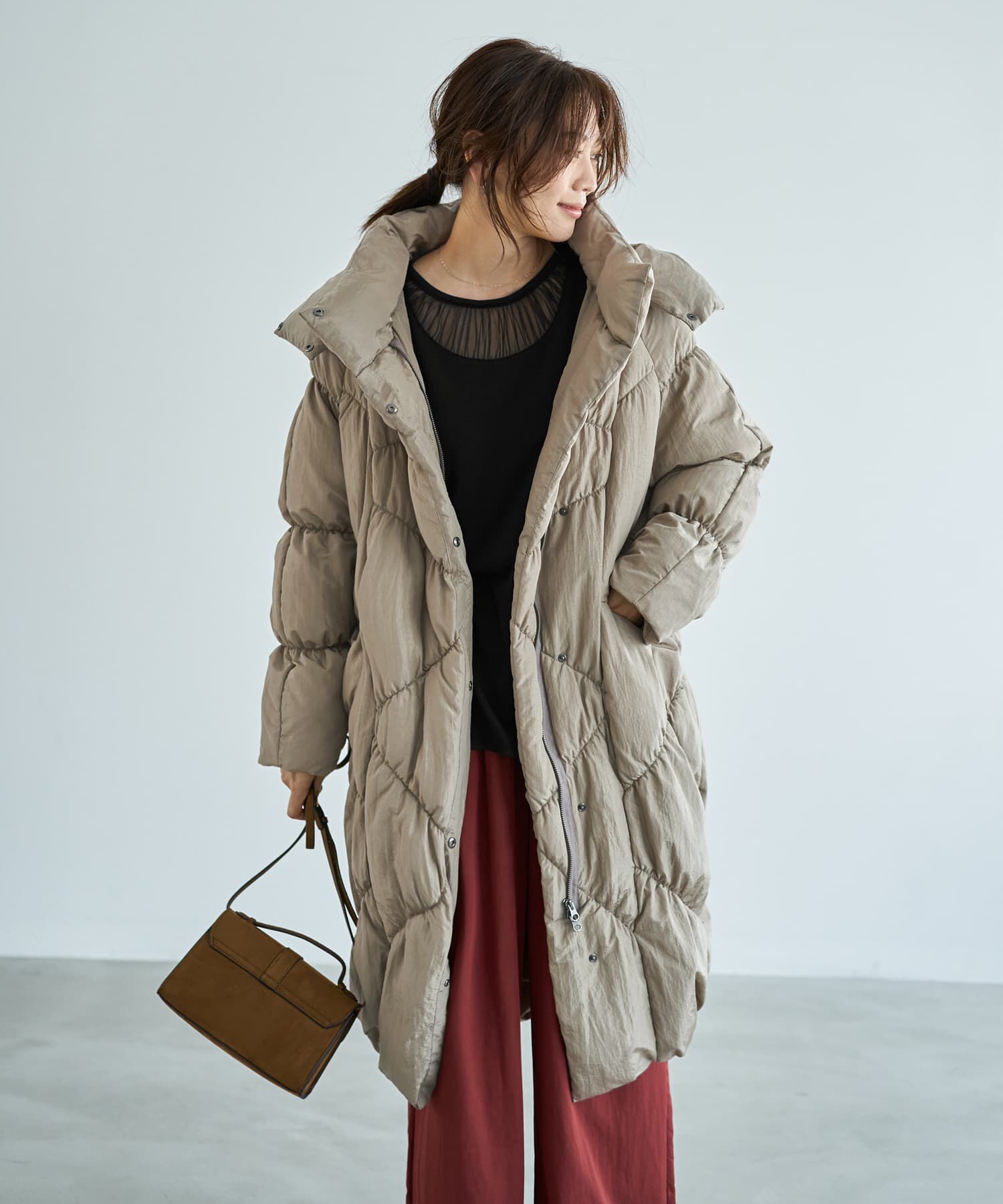 STYLE DELI「【LUXE】暖か軽量◆機能中綿ギャザーロングコート」|ダウン|サンドベージュ