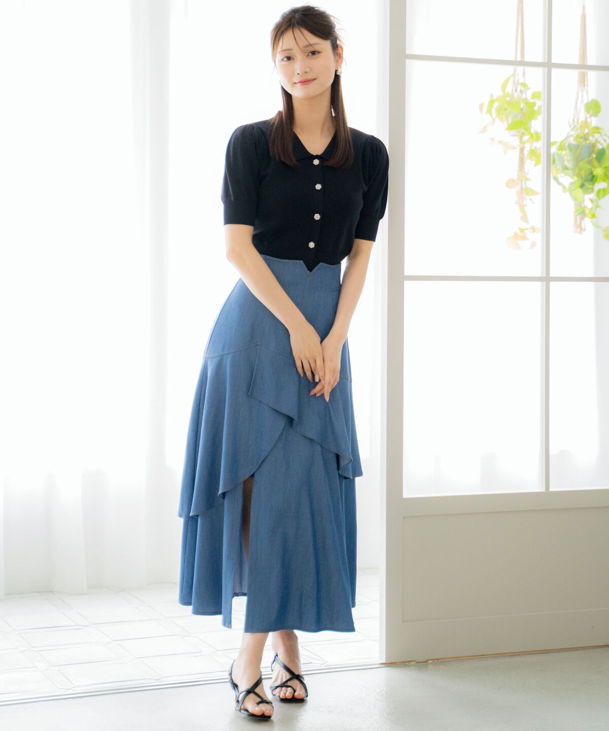 アンドクチュール「デニムライクレイヤードフリルスカート」|フレア|