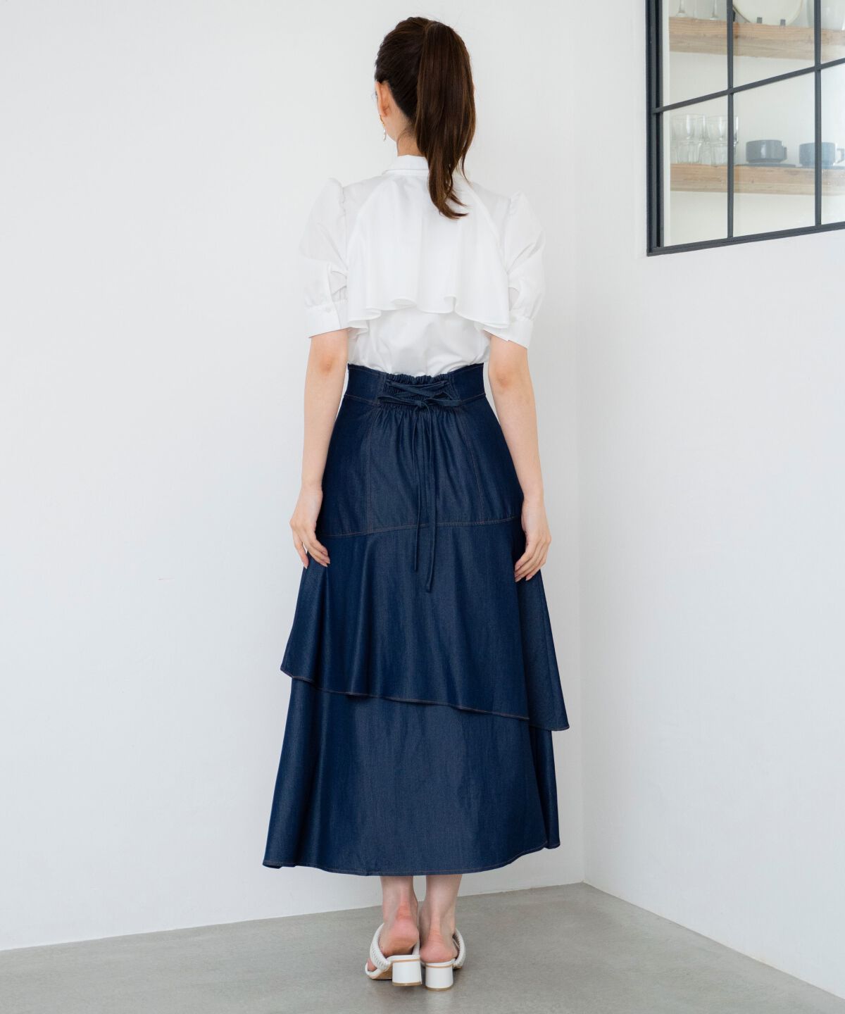 アンドクチュール「デニムライクレイヤードフリルスカート」|フレア|
