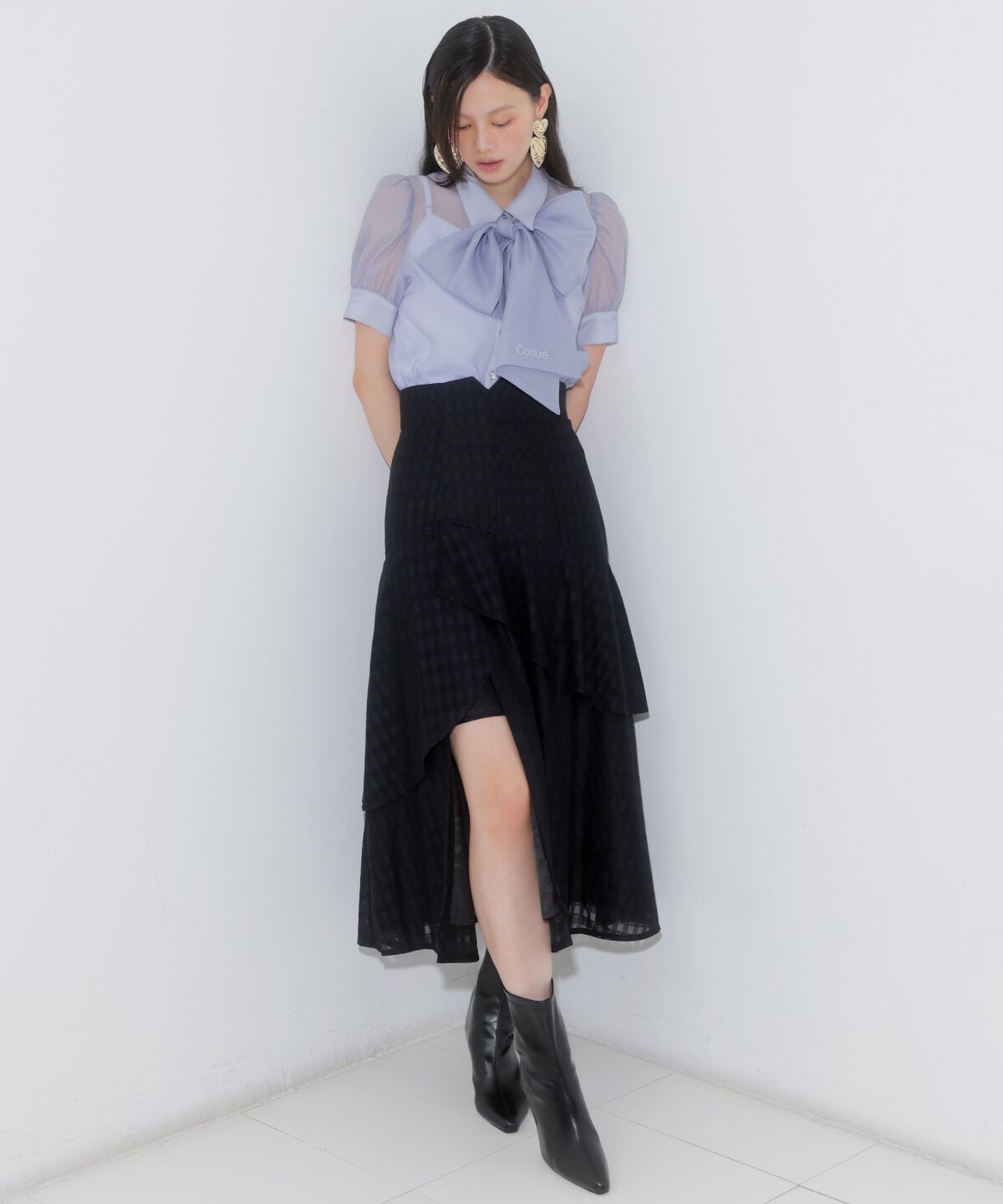 アンドクチュール「レースティアードスカート」|フレア|黒系チェック