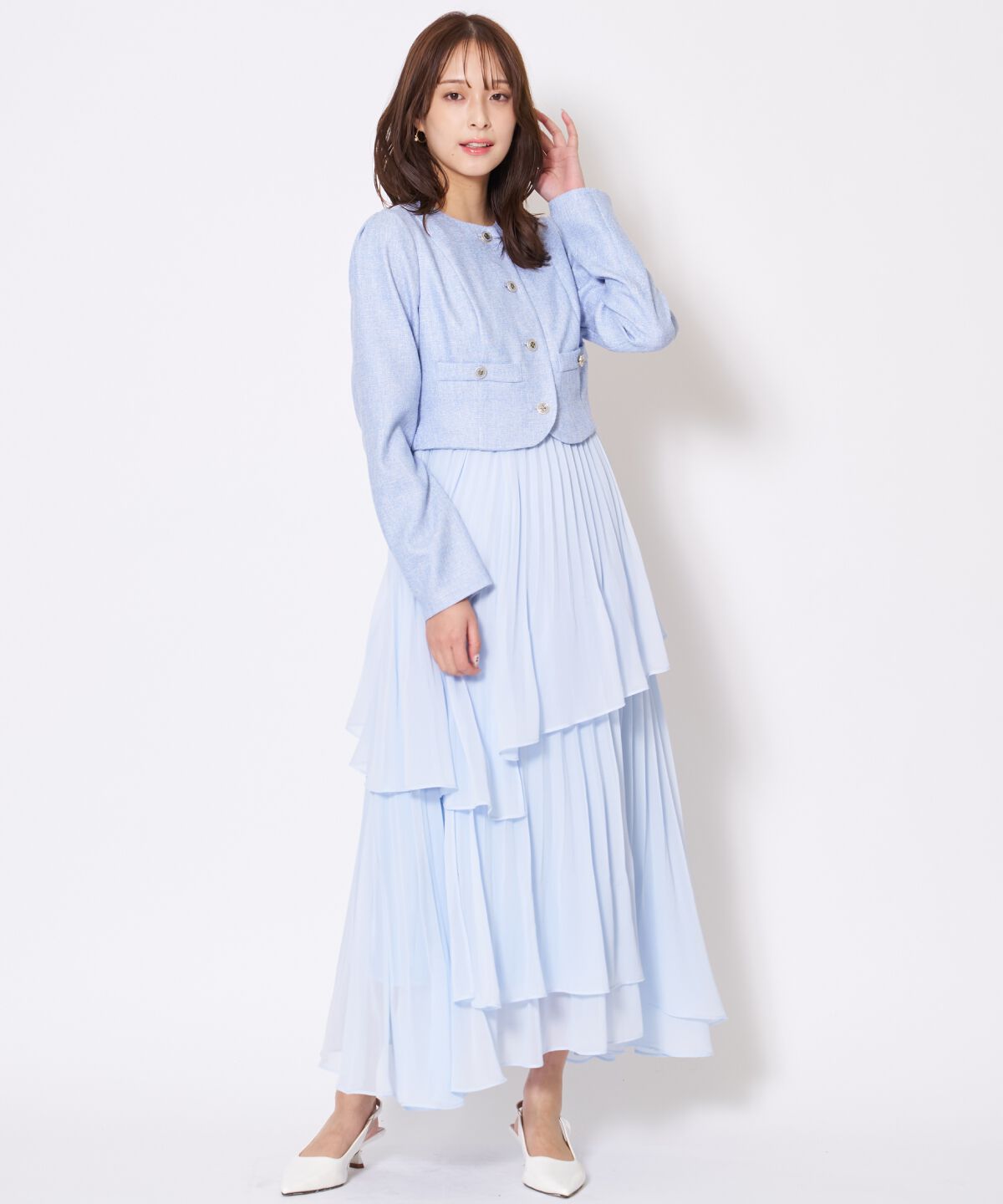 アンドクチュール「ツイードジャケットドッキングワンピース」|ワンピース|サックス