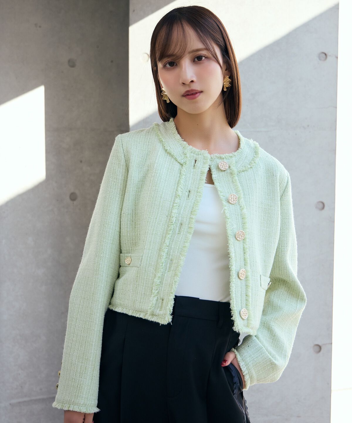 アンドクチュール「ツイードジャケット」|ノーカラージャケット|グリーン