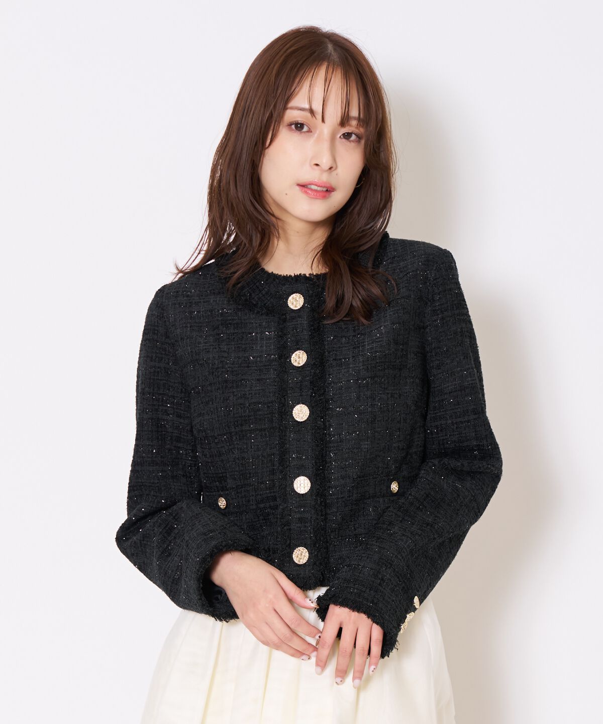 アンドクチュール「ツイードジャケット」|ノーカラージャケット|ブラック