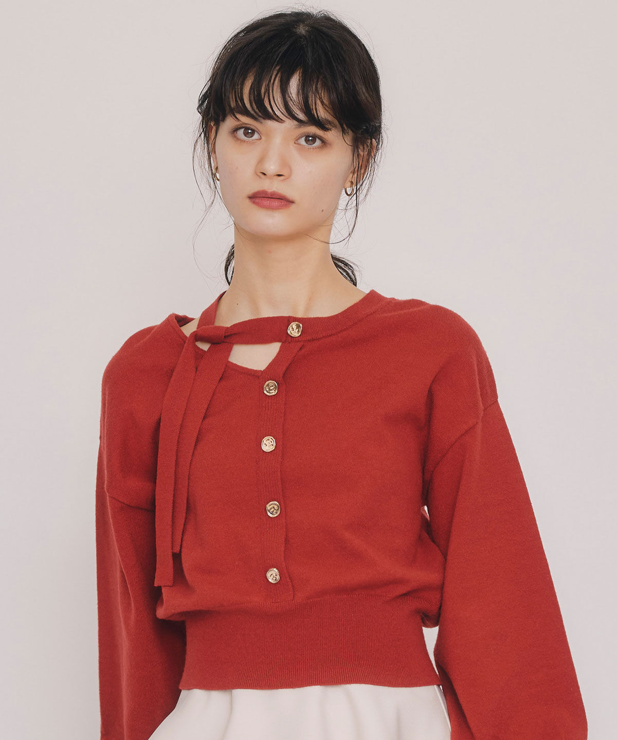 REDYAZEL「アシメカットデザインニットプルオーバー」|ニット・セーター|レッド