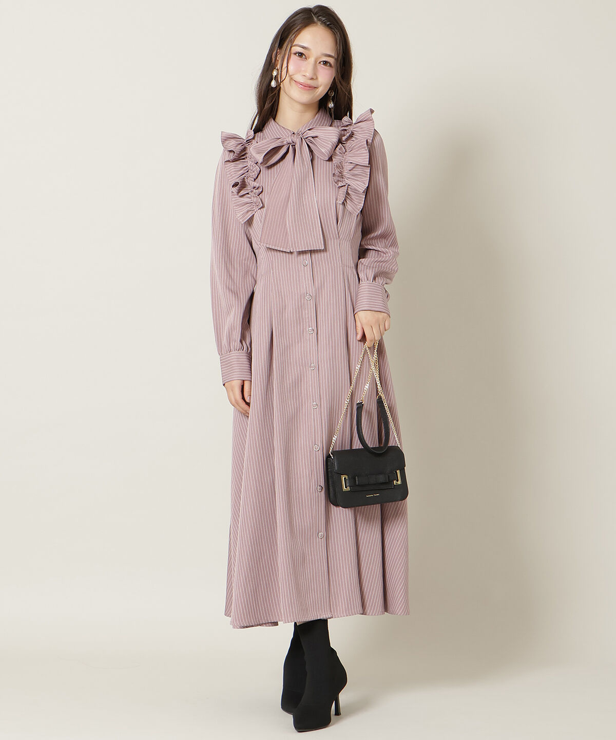 WILLSELECTION「ショルダーフリルリボンタイシャツワンピース」|ワンピース|red/borderｽﾄﾗｲﾌﾟ