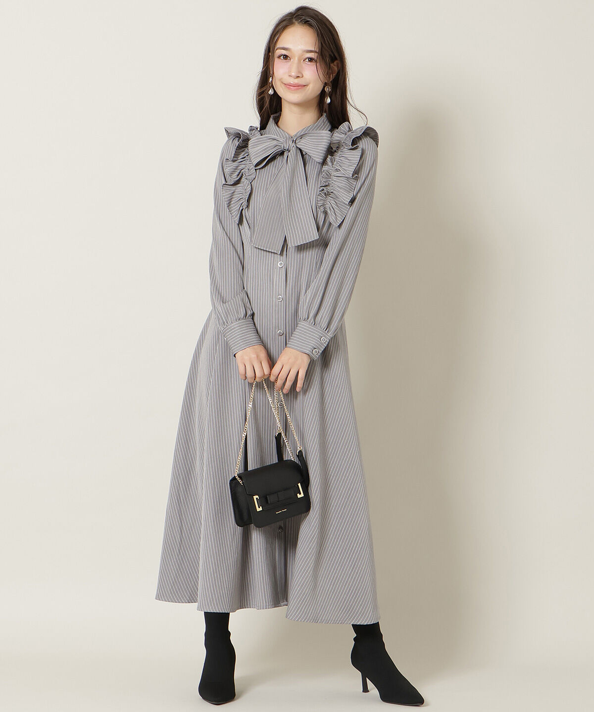 WILLSELECTION「ショルダーフリルリボンタイシャツワンピース」|ワンピース|gray/borderｽﾄﾗｲﾌﾟ