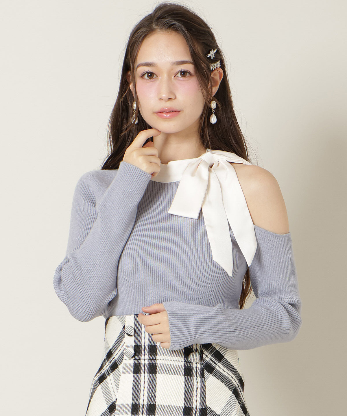 WILLSELECTION「ワンショルリボンタイリブニット」|ニット・セーター|ブルー