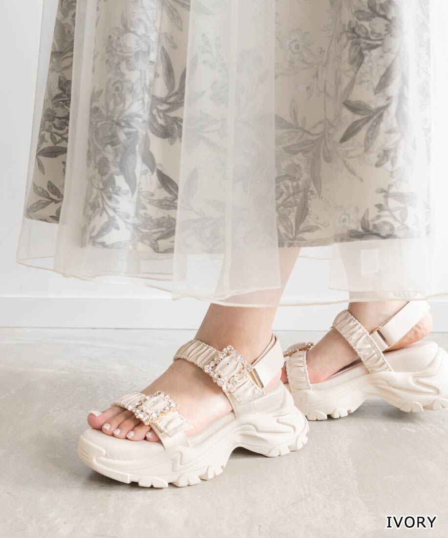  「ビジュー&times;ギャザーベルトスポーツサンダル」|サンダル|アイボリー
