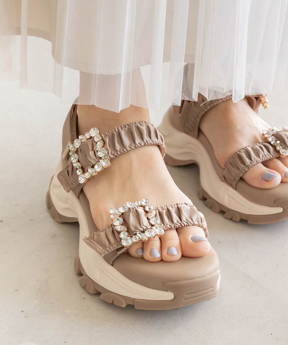  「ビジュー&times;ギャザーベルトスポーツサンダル」|サンダル|