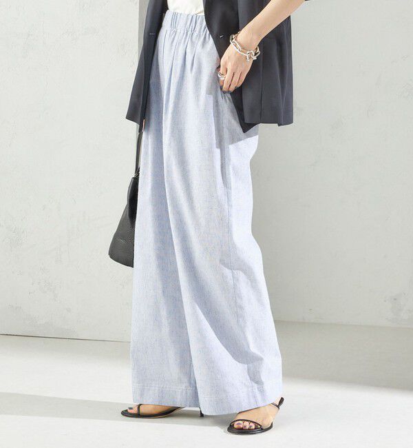 SHIPS for women「〈接触冷感・手洗い可能〉麻混 シャンブレー ウエスト ゴム ワイド パンツ」|その他|ライトブルー