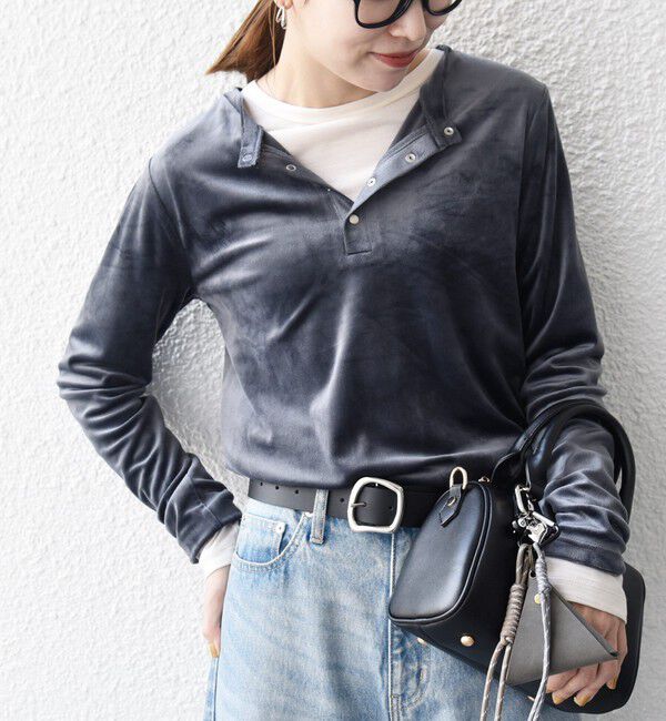 SHIPS any「SHIPS any:〈洗濯機可能〉ポリエステル ベロア 2way ヘンリーネック プルオーバー」|Tシャツ・カットソー|グレー