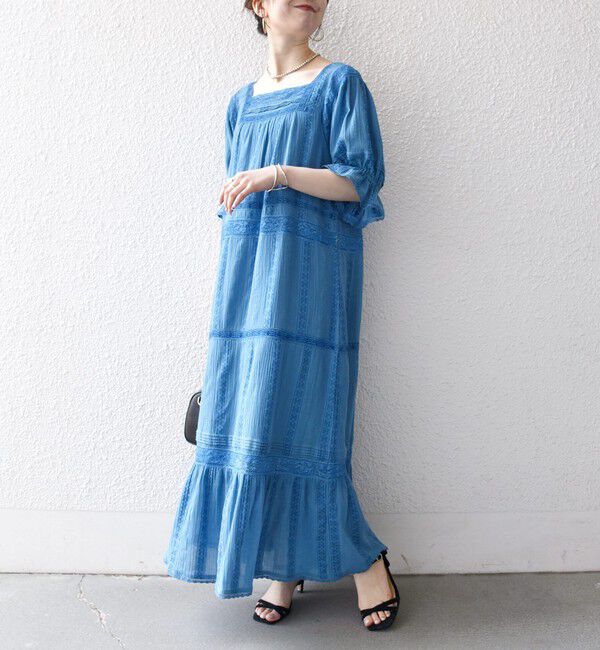 SHIPS any「《予約》SHIPS any:〈洗濯機可能〉コットン ミックス レース 切り替え ギャザー ワンピース」|ワンピース|ブルー