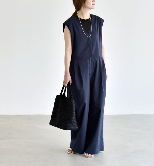 quaranciel「quaranciel:〈洗濯機可能〉Vネック ワイド オールインワン」|オールインワン|ネイビー
