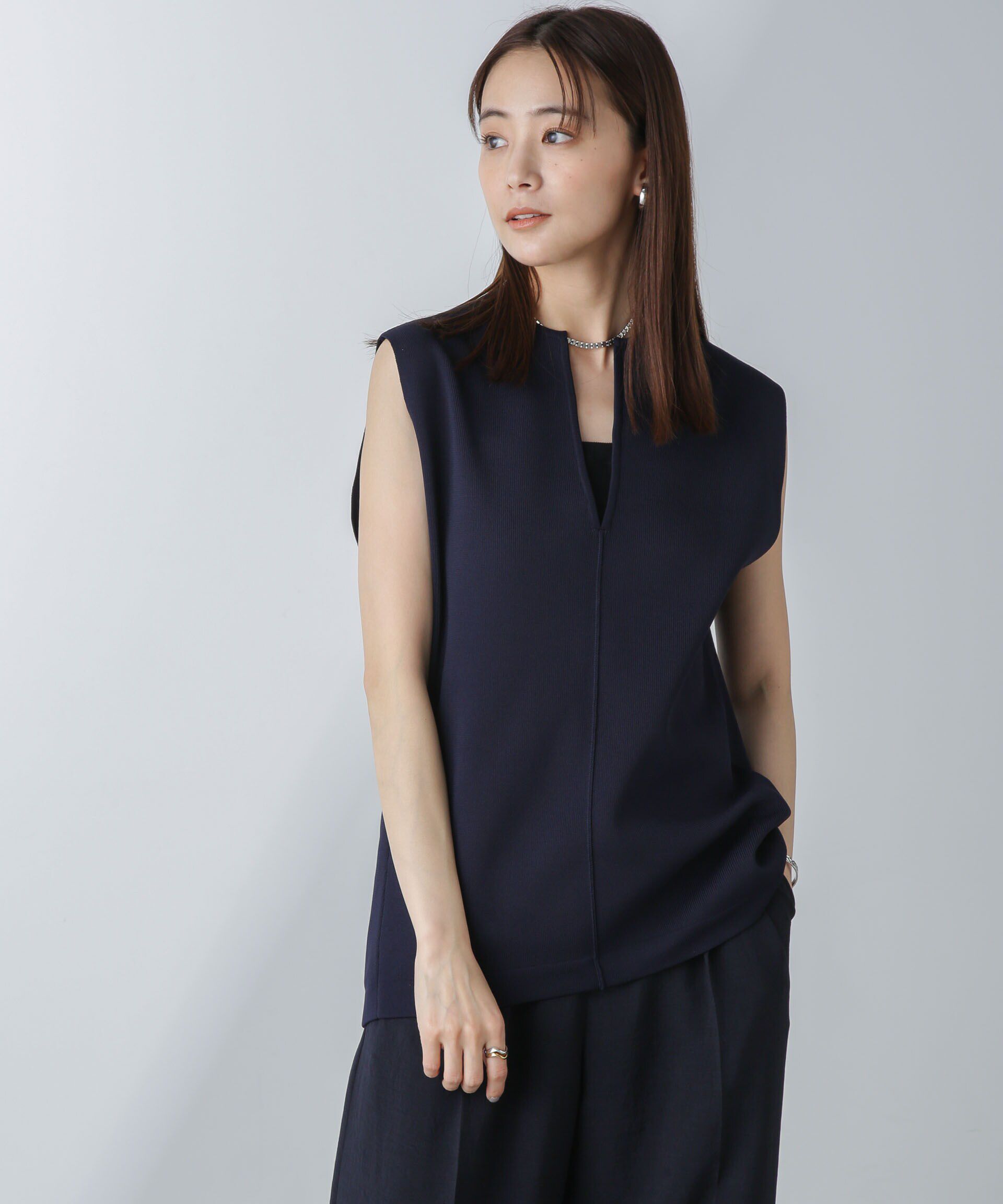 nano･universe「洗濯機洗可・UVカットキーネックノースリ－ブニット」|ニット・セーター|