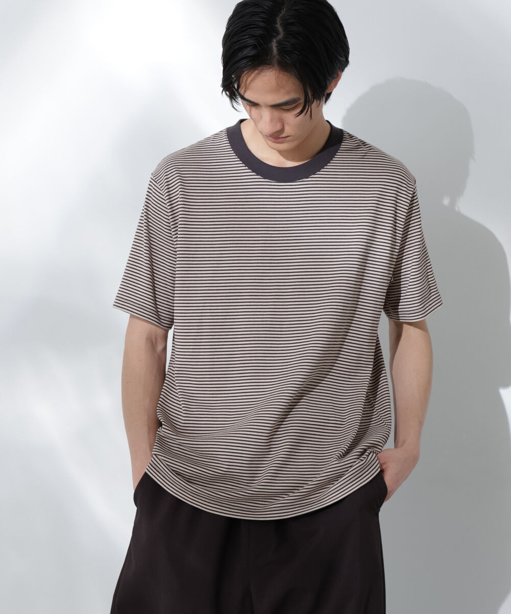 nano･universe「Anti Soaked(R)  汗染み防止 ボーダーミドルシルエットTシャツ」|Tシャツ・カットソー|ベージュ