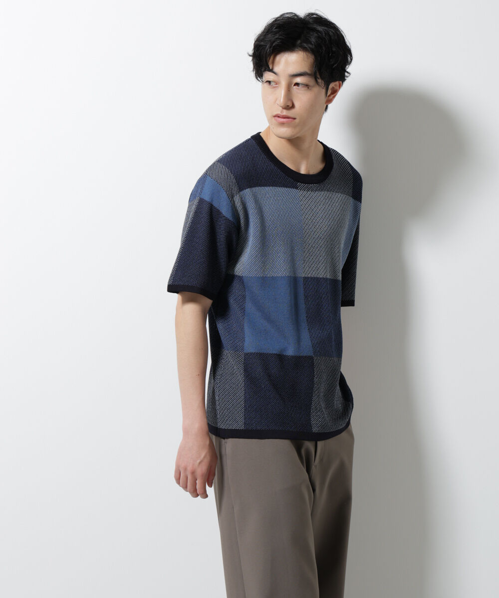 nano･universe「ブロックチェックニットTシャツ 半袖」|ニット・セーター|