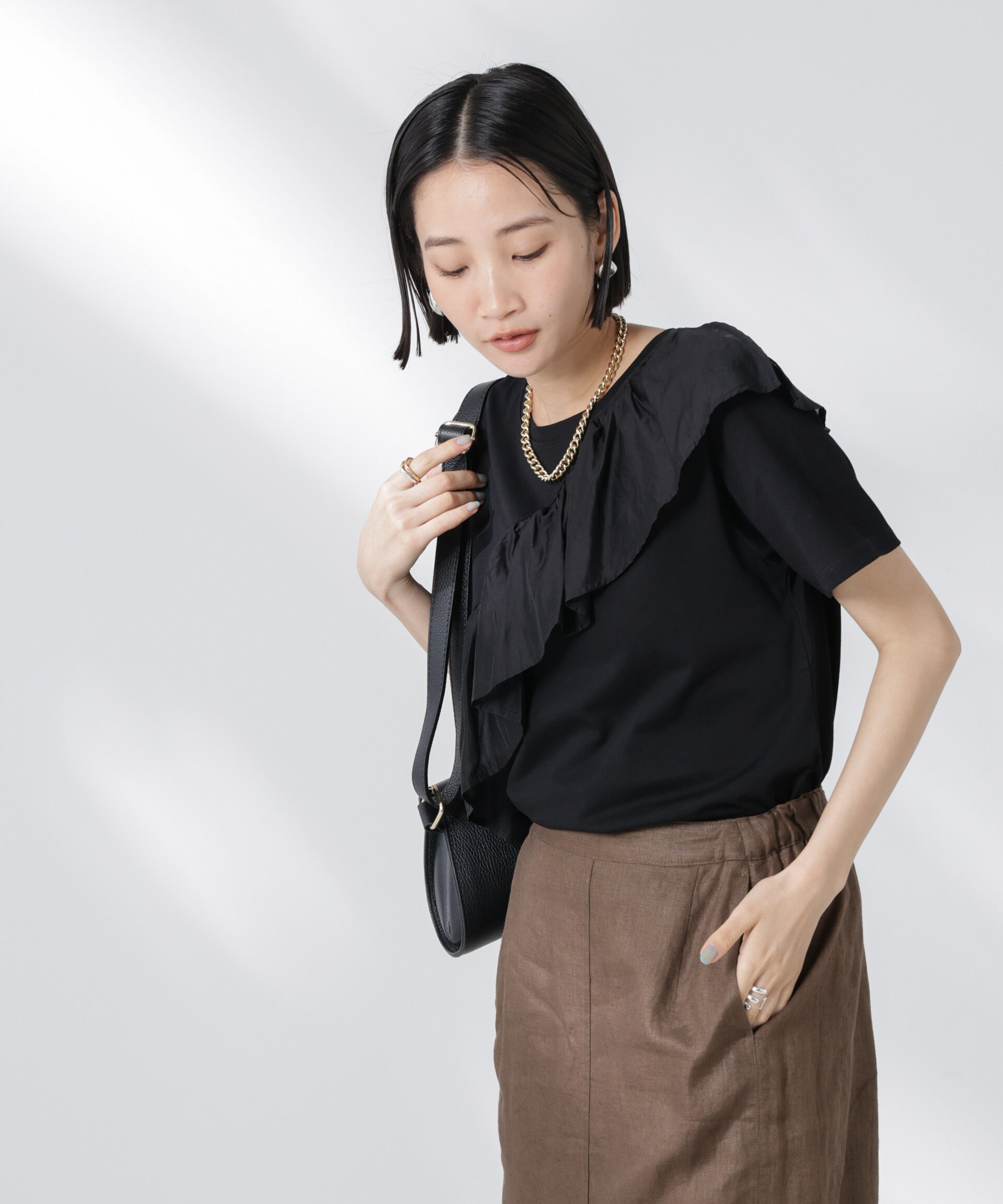 nano･universe「アシンメトリーフリル異素材コンビTシャツ」|Tシャツ・カットソー|