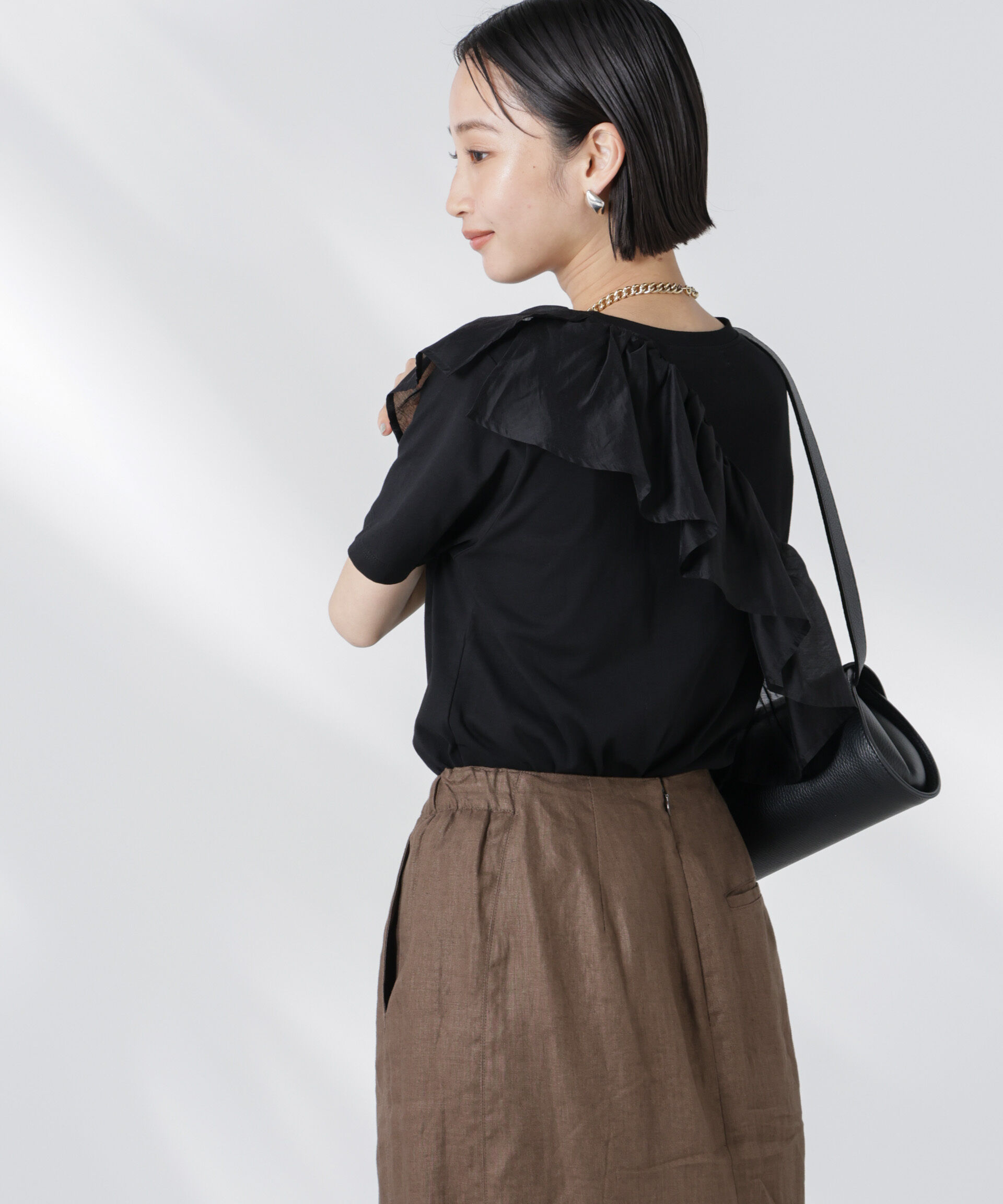 nano･universe「アシンメトリーフリル異素材コンビTシャツ」|Tシャツ・カットソー|