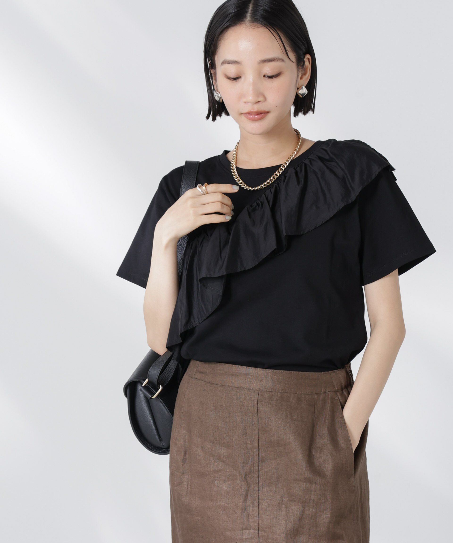 nano･universe「アシンメトリーフリル異素材コンビTシャツ」|Tシャツ・カットソー|