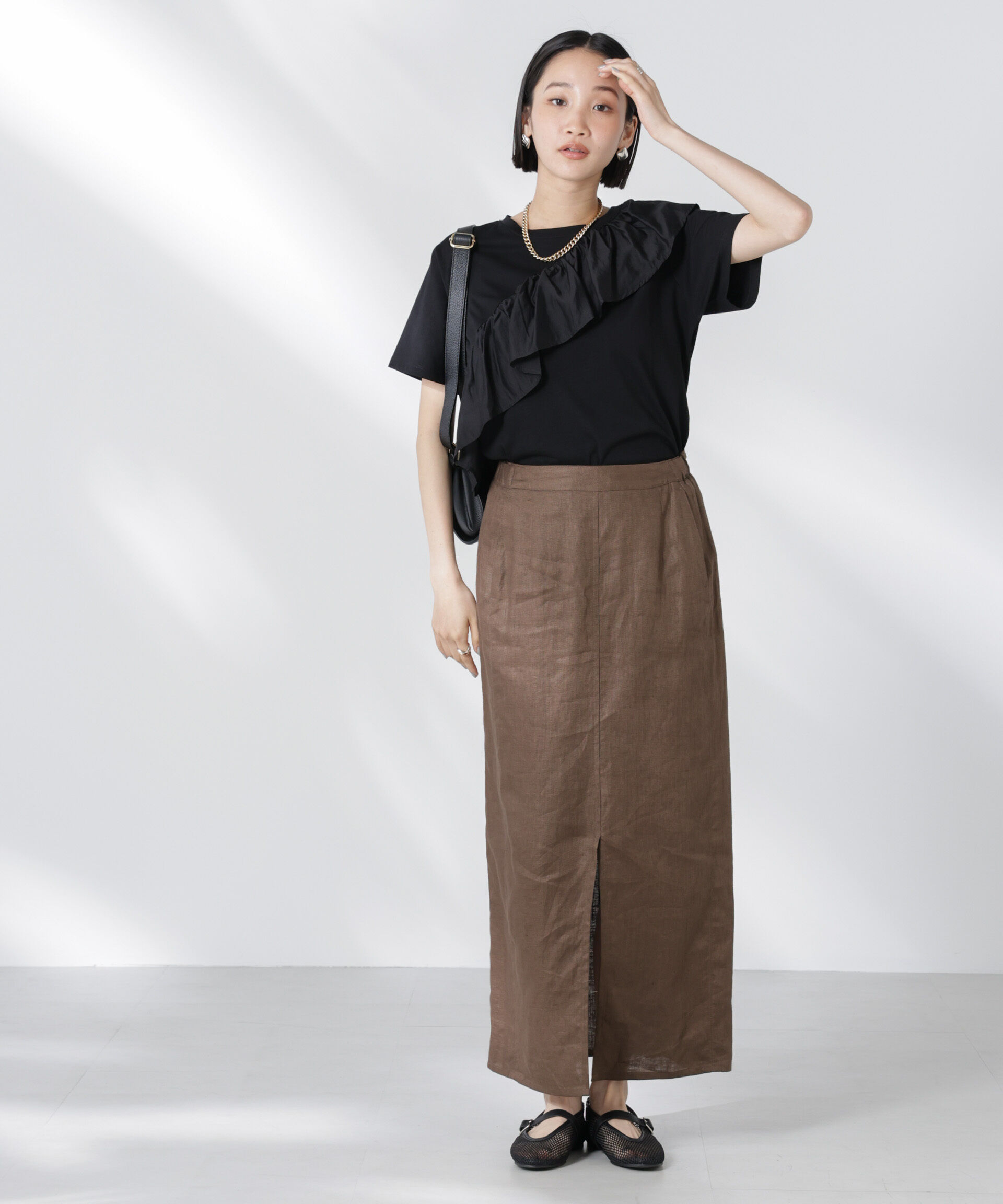 nano･universe「アシンメトリーフリル異素材コンビTシャツ」|Tシャツ・カットソー|