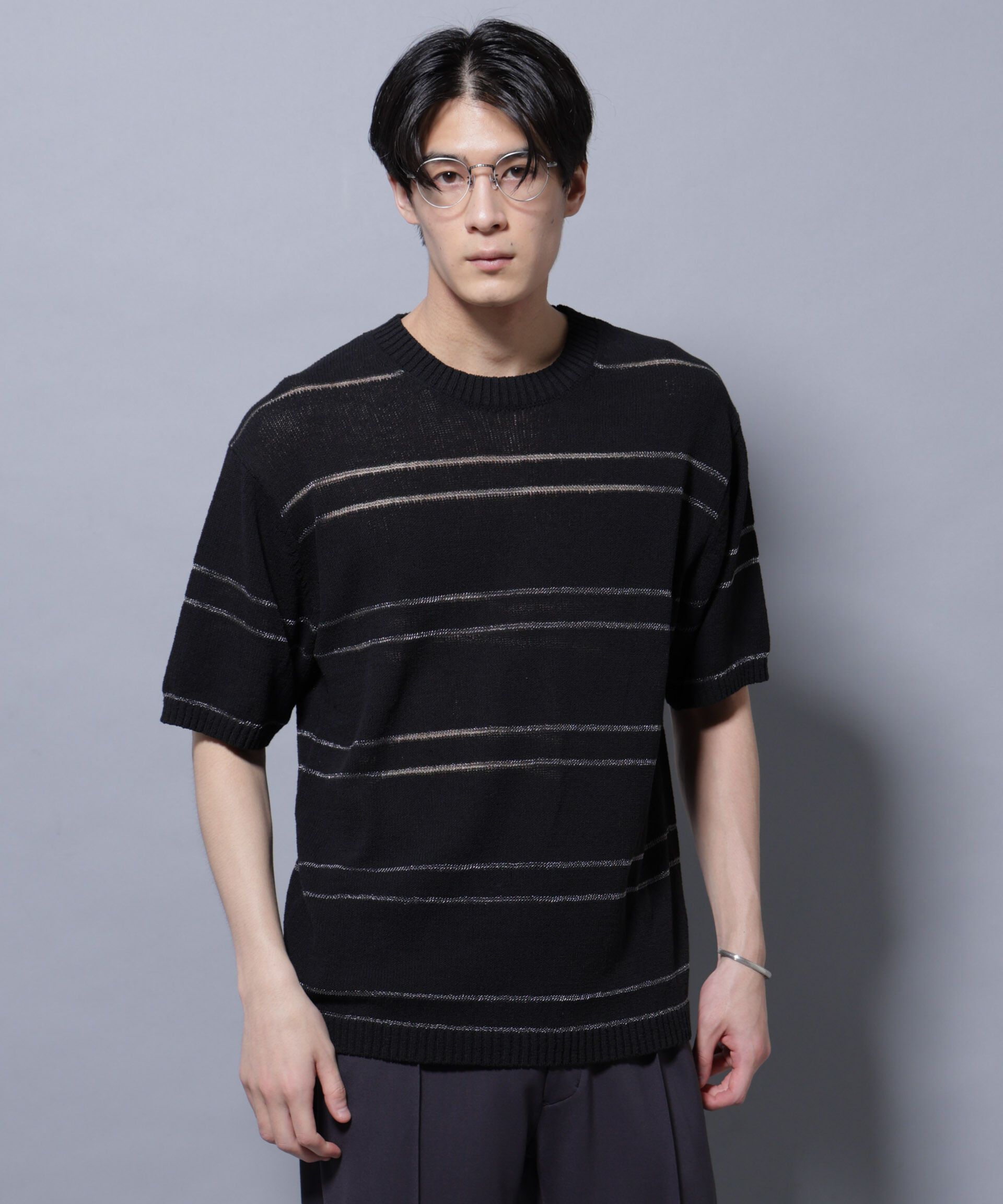 nano･universe「ブークレーラメボーダー ニットTシャツ」|ニット・セーター|ブラック