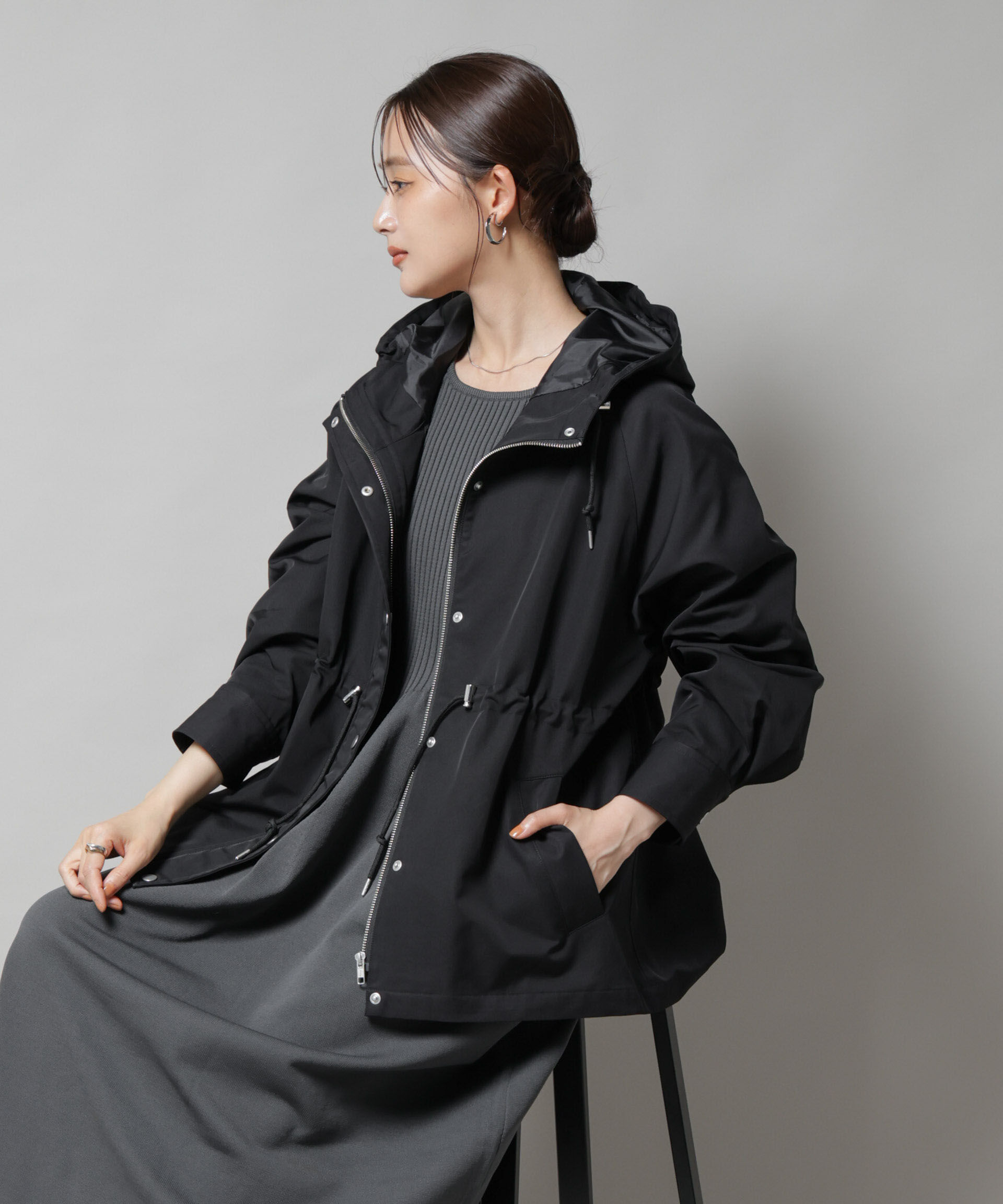 nano･universe「撥水加工フードブルゾン」|ブルゾン・スタジャン|ブラック