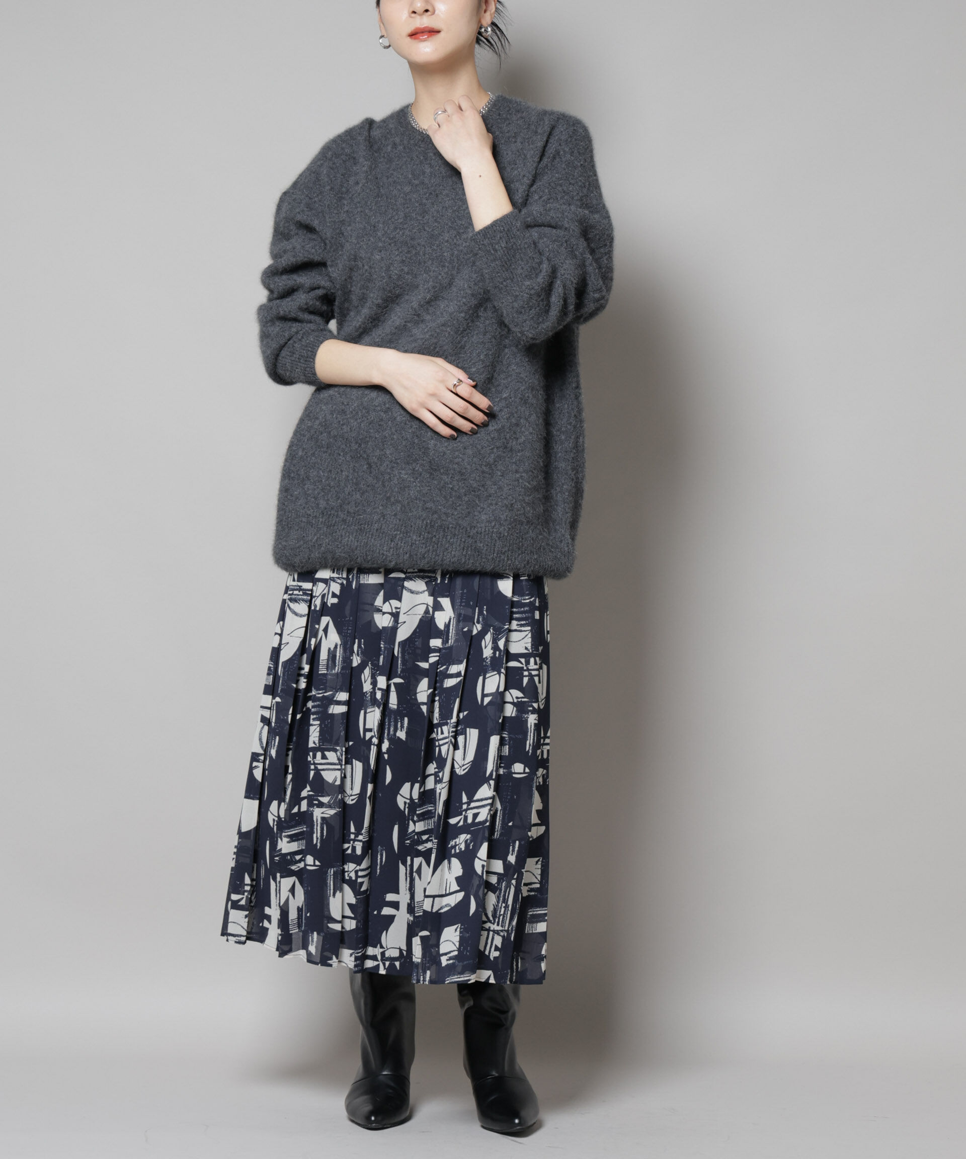 nano･universe「アートプリントジョーゼットプリーツスカート」|スカート|ネイビー