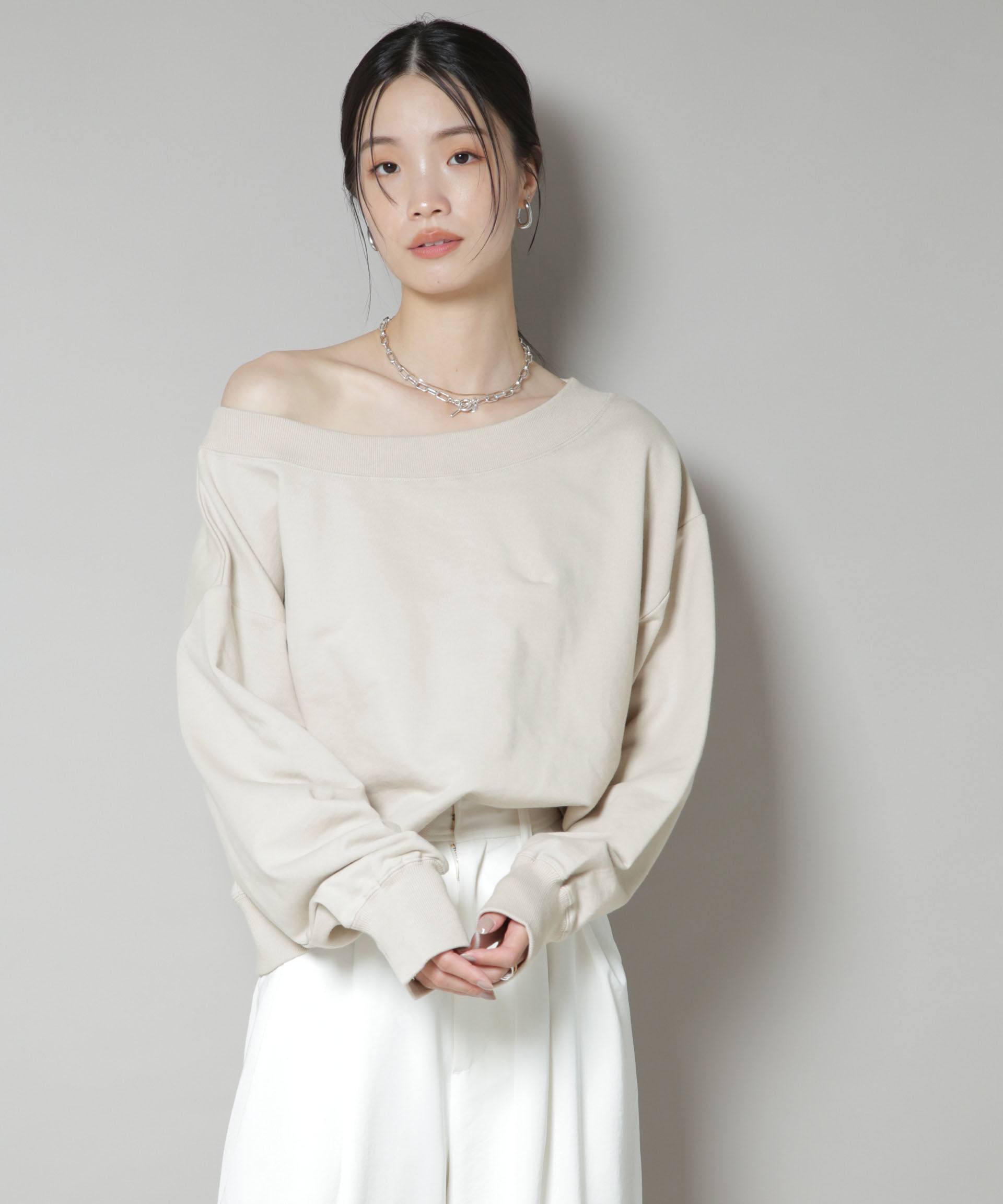 nano･universe「ワイドボートネックスウェットトップス」|Tシャツ・カットソー|ベージュ