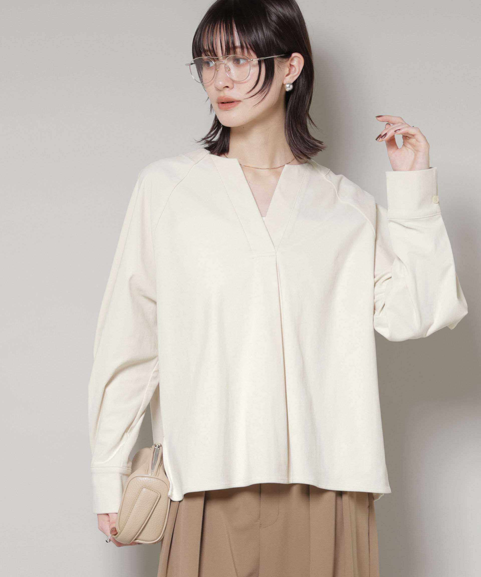 nano･universe「ストレッチ起毛スキッパープルオーバーブラウス(セットアップ可)」|シャツ・ブラウス|