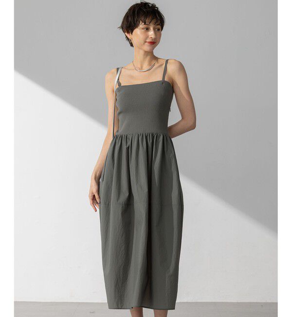 23区「【洗える】ブライトナイロンワッシャー ニットコンビワンピース」|ワンピース|カーキ系