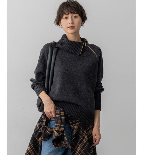 23区「ボイルドウールコンビ ジップ タートルニット」|ニット・セーター|グレー系