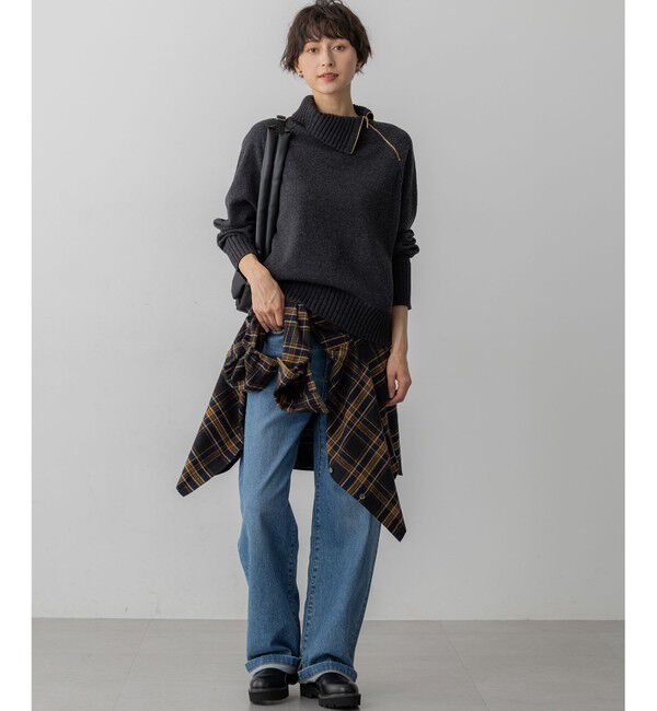 23区「ボイルドウールコンビ ジップ タートルニット」|ニット・セーター|