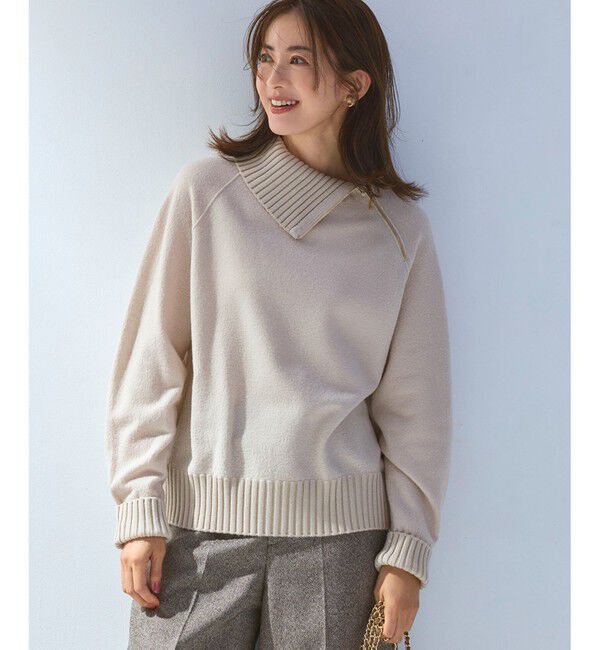 23区「ボイルドウールコンビ ジップ タートルニット」|ニット・セーター|ベージュ系