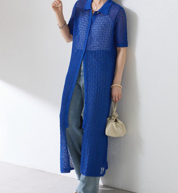  「【二の腕カバー】透かし編ニットポロワンピース」|ワンピース|ブルー