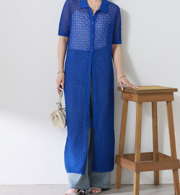  「【二の腕カバー】透かし編ニットポロワンピース」|ワンピース|