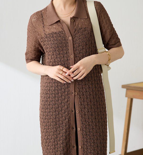  「【二の腕カバー】透かし編ニットポロワンピース」|ワンピース|